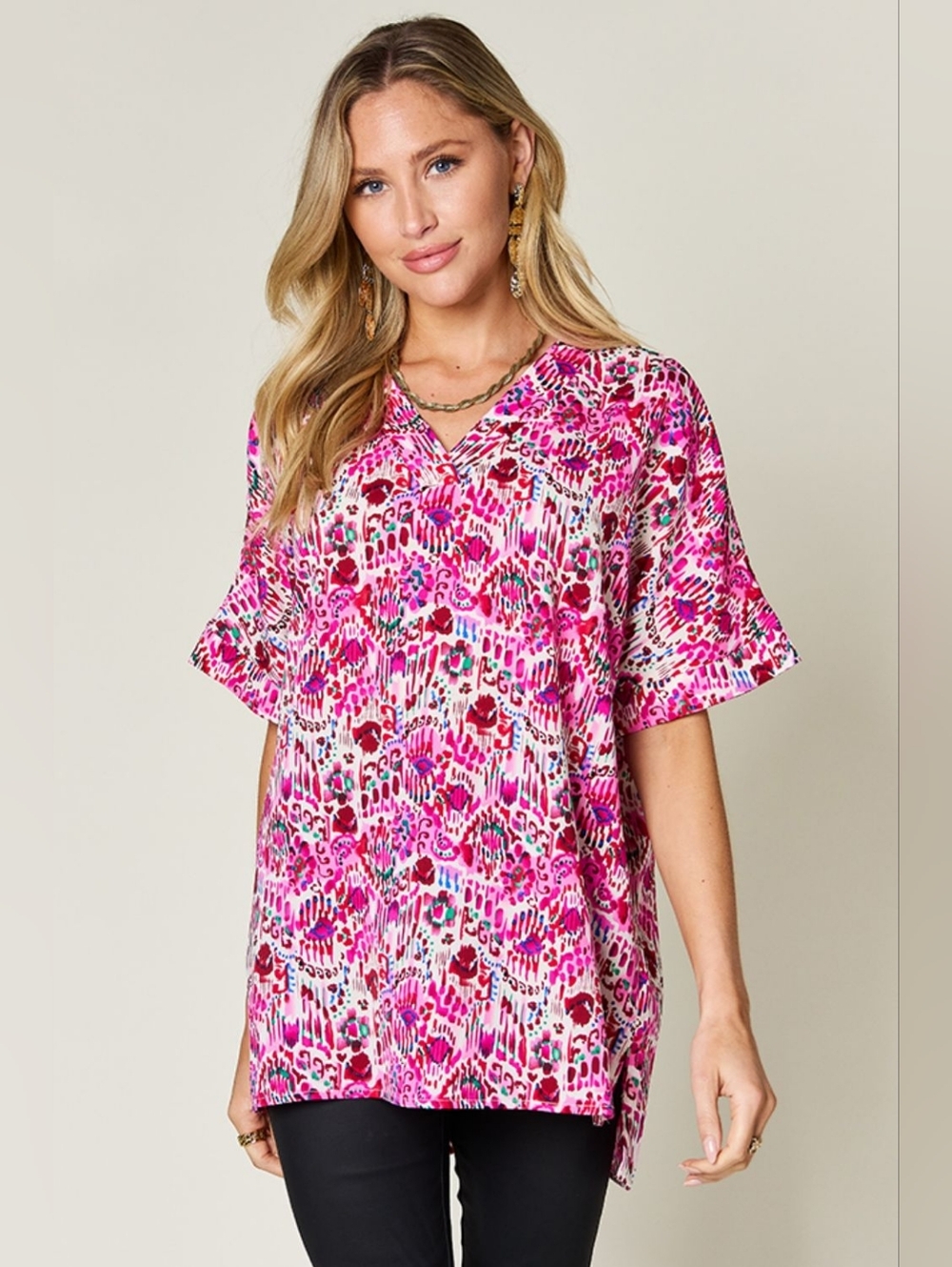 Women's Pink Print V-Neck Tunic Top- Double Take A Just Jen Fav!! Spring Top - Picture 2 of 10